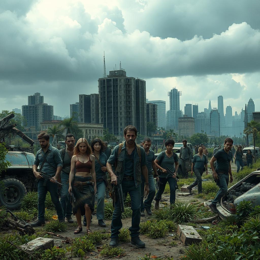 An intense scene depicting a post-apocalyptic cityscape, showcasing the remnants of civilization taken over by nature and zombies