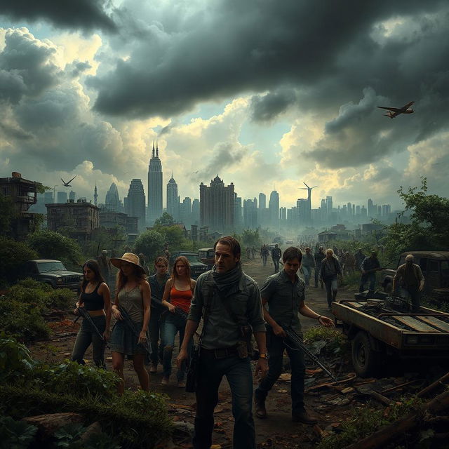 An intense scene depicting a post-apocalyptic cityscape, showcasing the remnants of civilization taken over by nature and zombies