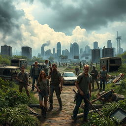 An intense scene depicting a post-apocalyptic cityscape, showcasing the remnants of civilization taken over by nature and zombies