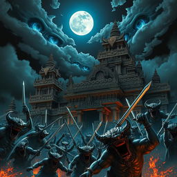 A dramatic scene of the Majapahit great palace at night, illuminated by an eerie glow