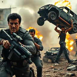 An explosive action scene showcasing Sylvester Stallone, Jackie Chan, and Dwayne Johnson leading an elite team of mercenaries in the midst of a chaotic battlefield