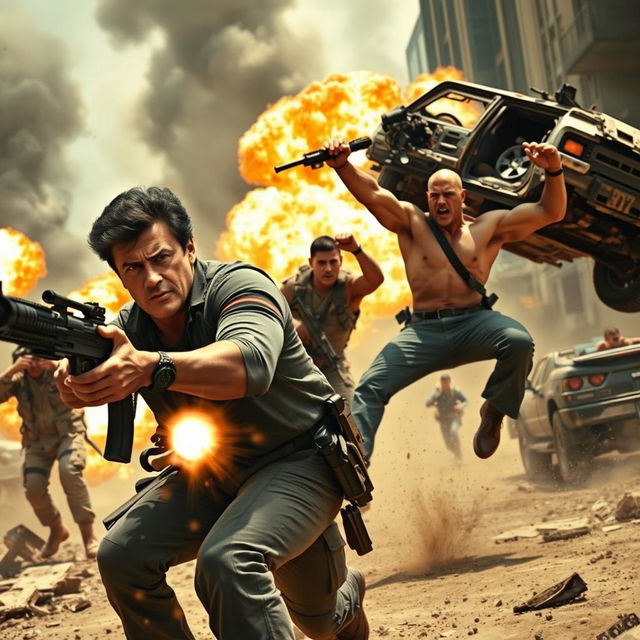 An explosive action scene showcasing Sylvester Stallone, Jackie Chan, and Dwayne Johnson leading an elite team of mercenaries in the midst of a chaotic battlefield