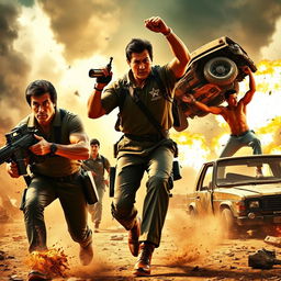 An explosive action scene showcasing Sylvester Stallone, Jackie Chan, and Dwayne Johnson leading an elite team of mercenaries in the midst of a chaotic battlefield