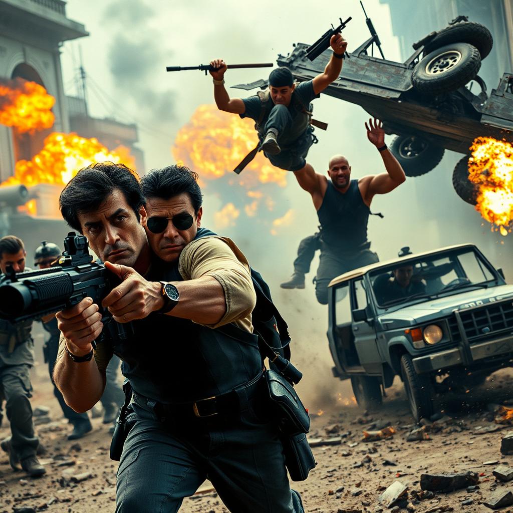 An explosive action scene showcasing Sylvester Stallone, Jackie Chan, and Dwayne Johnson leading an elite team of mercenaries in the midst of a chaotic battlefield