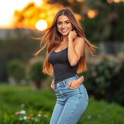 A stylish young woman wearing fitted jeans and a trendy top, confidently posing in a scenic outdoor setting