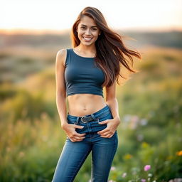 A stylish young woman wearing fitted jeans and a trendy top, confidently posing in a scenic outdoor setting