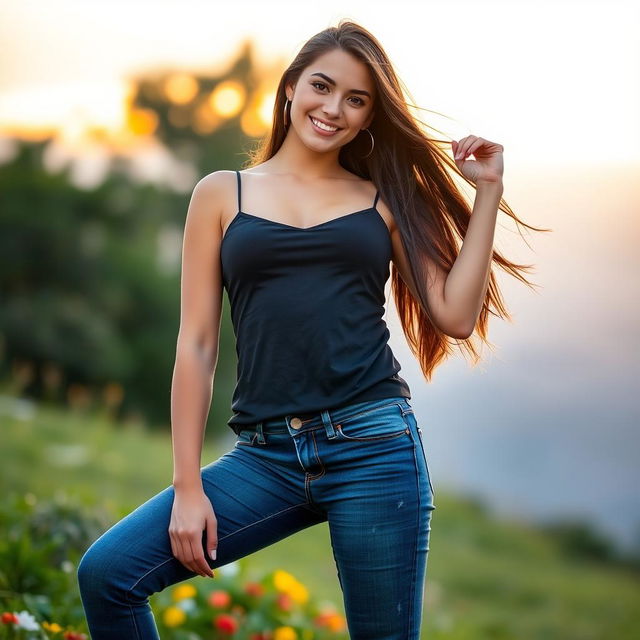 A stylish young woman wearing fitted jeans and a trendy top, confidently posing in a scenic outdoor setting