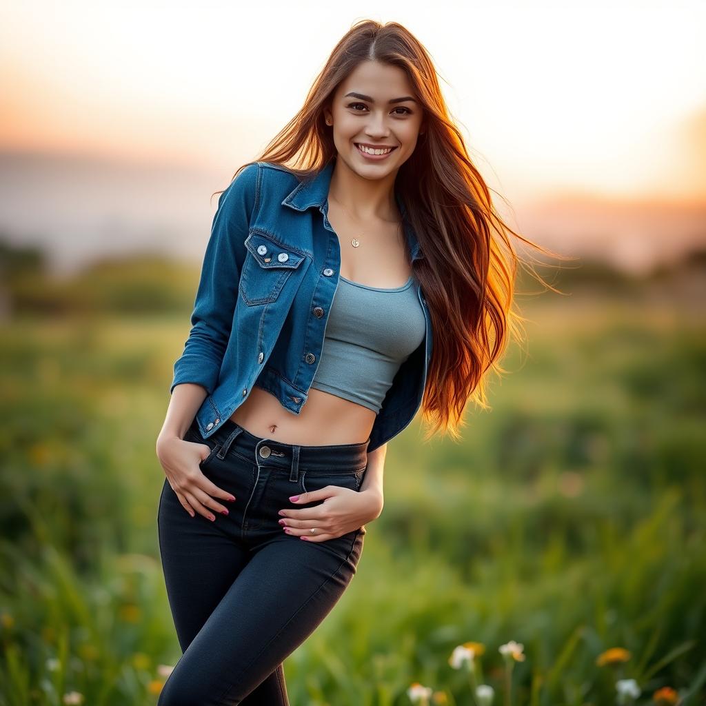 A stylish young woman wearing fitted jeans and a trendy top, confidently posing in a scenic outdoor setting