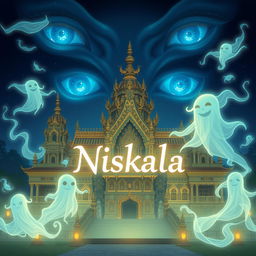 A mystical illustration of the Majapahit great palace at night, surrounded by ethereal mythical ghosts