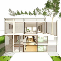 Draw a spacious house with two rooms at the back, a gallery, a central courtyard, and a large living room at the front