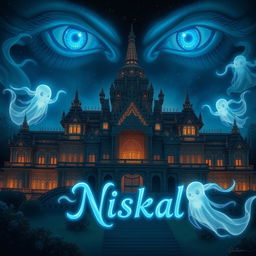 A mystical illustration of the Majapahit great palace at night, surrounded by ethereal mythical ghosts