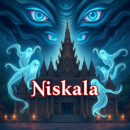 A mystical illustration of the Majapahit great palace at night, surrounded by ethereal mythical ghosts