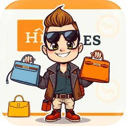 A cute, cartoon-style illustration of a fashionable man proudly displaying a collection of Hermes bags