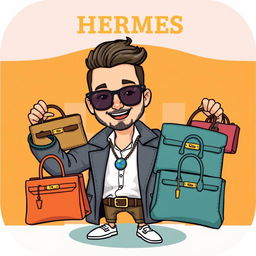 A cute, cartoon-style illustration of a fashionable man proudly displaying a collection of Hermes bags