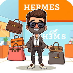 A cute, cartoon-style illustration of a fashionable man proudly displaying a collection of Hermes bags