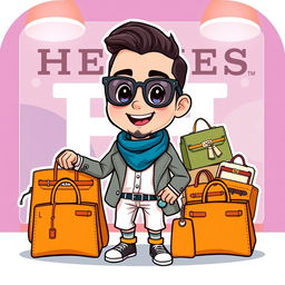 A cute, cartoon-style illustration of a fashionable man proudly displaying a collection of Hermes bags