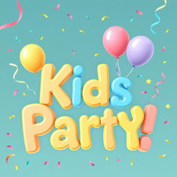 The text 'Kids Party' creatively designed with a beautiful and colorful effect, featuring playful typography that captures the essence of fun and celebration