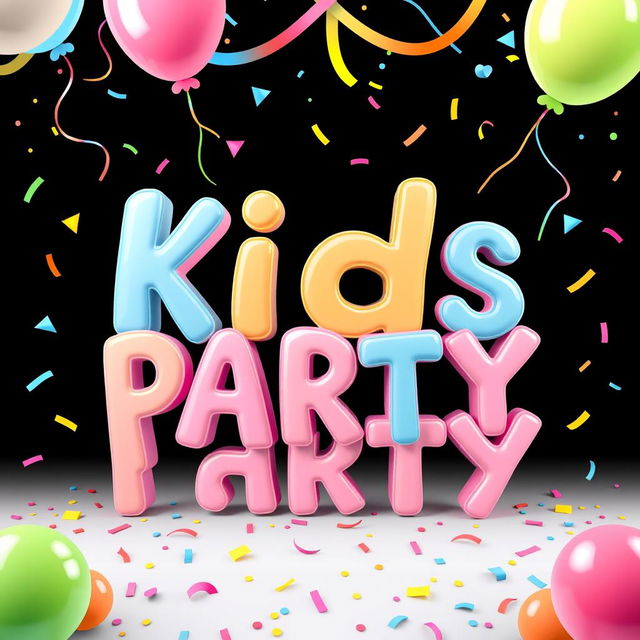 The text 'Kids Party' creatively designed with a beautiful and colorful effect, featuring playful typography that captures the essence of fun and celebration