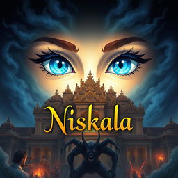 An enchanting illustration depicting a pair of beautiful blue eyes in the sky, gazing down upon the Majapahit great palace, which is under siege by a fearsome demon