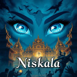 An enchanting illustration depicting a pair of beautiful blue eyes in the sky, gazing down upon the Majapahit great palace, which is under siege by a fearsome demon
