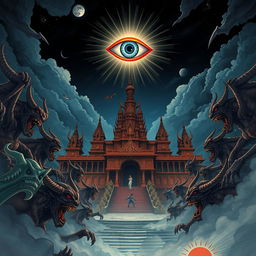 An epic illustration of the Great Majapahit palace surrounded by menacing demons, set against a dramatic night sky