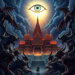 An epic illustration of the Great Majapahit palace surrounded by menacing demons, set against a dramatic night sky