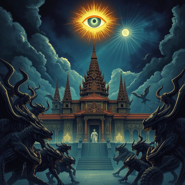 An epic illustration of the Great Majapahit palace surrounded by menacing demons, set against a dramatic night sky