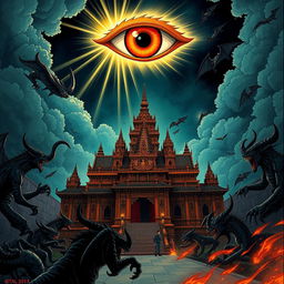 An epic illustration of the Great Majapahit palace surrounded by menacing demons, set against a dramatic night sky