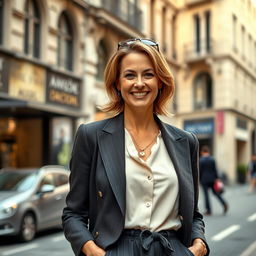 A dressed European woman, aged between 35 and 40 years, standing confidently, wearing a stylish, sophisticated outfit