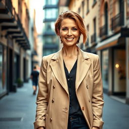 A dressed European woman, aged between 35 and 40 years, standing confidently, wearing a stylish, sophisticated outfit