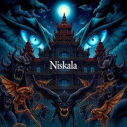 An intricate illustration of the Great Majapahit palace, surrounded by a variety of fierce and menacing demons, set against a captivating night sky