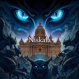 An intricate illustration of the Great Majapahit palace, surrounded by a variety of fierce and menacing demons, set against a captivating night sky