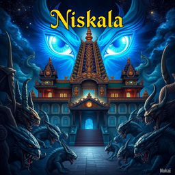 A stunning illustration of the Great Majapahit palace, surrounded by various fierce demons, set against a mesmerizing night sky