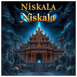 A stunning illustration of the Great Majapahit palace, surrounded by various fierce demons, set against a mesmerizing night sky