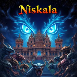 A stunning illustration of the Great Majapahit palace, surrounded by various fierce demons, set against a mesmerizing night sky