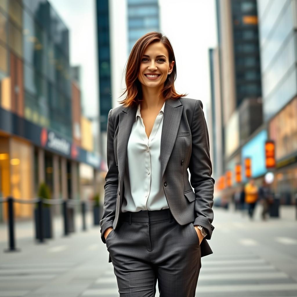 A woman of European descent, aged between 30 to 45 years old, dressed in a stylish modern outfit