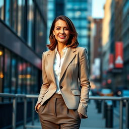 A woman of European descent, aged between 30 to 45 years old, dressed in a stylish modern outfit