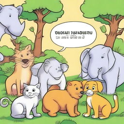 Create a Panchatantra fable as a comic strip with animal characters involved in a moral story, complete with speech bubbles containing engaging conversational dialogues