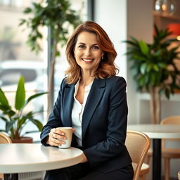 A European woman aged between 30 to 45 years, elegantly dressed in a stylish outfit