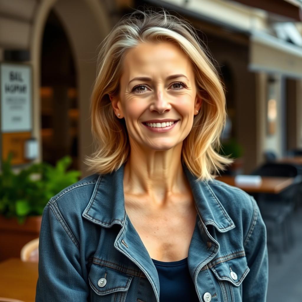 A full-length photograph of a woman aged between 30 to 45 with a natural appearance, minimal makeup, and well-groomed hair