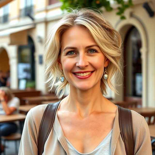 A full-length photograph of a woman aged between 30 to 45 with a natural appearance, minimal makeup, and well-groomed hair