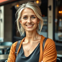 A full-length photograph of a woman aged between 30 to 45 with a natural appearance, minimal makeup, and well-groomed hair