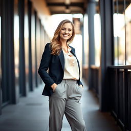 A beautiful European woman, aged between 30 to 45, confidently standing in a stylish outfit