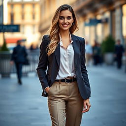 A beautiful European woman, aged between 30 to 45, confidently standing in a stylish outfit