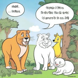 Create a Panchatantra fable as a comic strip with animal characters involved in a moral story, complete with speech bubbles containing engaging conversational dialogues