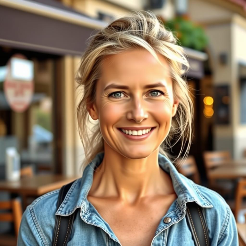 A full-length photograph of a woman aged between 30 to 45 with a natural appearance, minimal makeup, and well-groomed hair