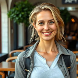 A full-length photograph of a woman aged between 30 to 45 with a natural appearance, minimal makeup, and well-groomed hair