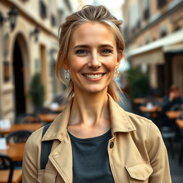 A full-length photograph of a woman aged between 30 to 45 with a natural appearance, minimal makeup, and well-groomed hair