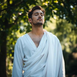 A serene image of a man dressed in flowing white cloth, embodying tranquility and calm
