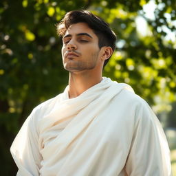 A serene image of a man dressed in flowing white cloth, embodying tranquility and calm